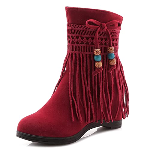 Roimaash Casual Franse Stiefel Ankle High Damen Keilabsatz Stiefeletten Wide Calf Winterstiefel Short Bohemia Braid Quasten Stiefel Heeled Wildleder Red 42 von Roimaash