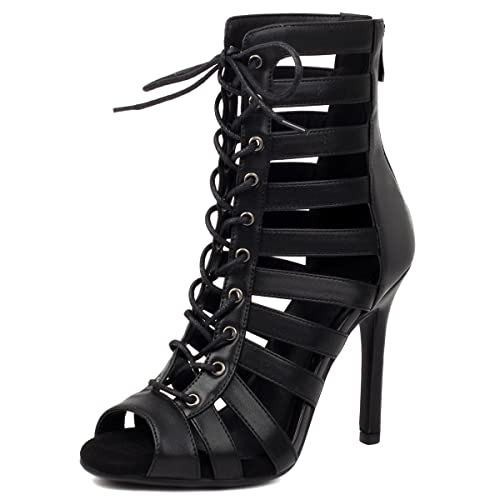 Roimaash Damen Dance ScHohe Hohe Ferse Schnüren Bujur Latin Dance Class Bootie Sandalen Peep Toe Gladiator Sandalen Party Heels Cage ScHohe Black Size 43 von Roimaash