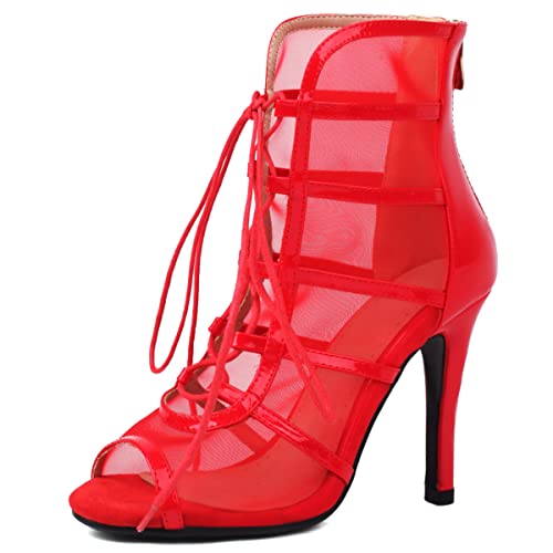 Roimaash Damen Dance ScHohe Hohe Ferse Schnüren Bujur Latin Dance Class Bootie Sandalen Peep Toe Gladiator Sandalen Party Heels Cage ScHohe Lack-Red Size 41 von Roimaash