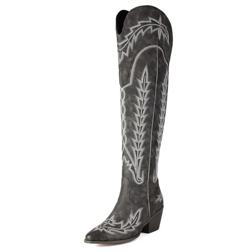Roimaash Damen Dark Grey Cowgirl Stiefel Thigh High Chunky Heels Pull on Embroidery Tall Cowboy Stiefel Wide Calf Pointed Toe Botas para Mujer Size 12 von Roimaash
