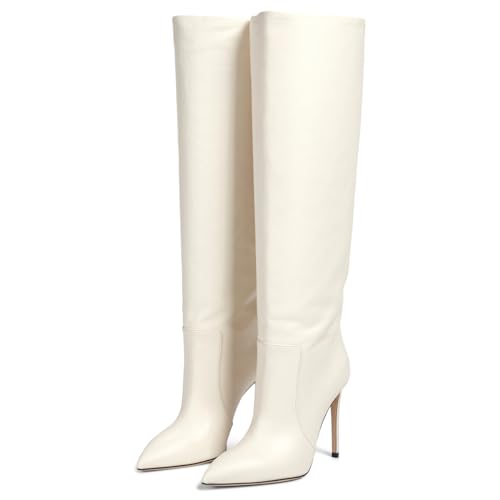 Roimaash Damen Elegant Dress Stiefel Knee High Stiletto Hohe Stiefel Pointed Toe Pull on Party Dress Stiefel Formal Hohe Stiefel Wide Open Beige Size 40 von Roimaash