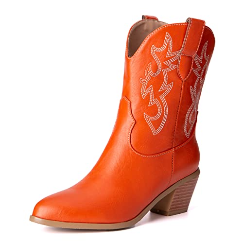 Roimaash Damen Embroidered Cowgirl Stiefel Mid Calf Mode Cowboy Stiefeletten Wide Calf Block Heels Pull on Pointed Toe Western Stiefel Orange Size 40 von Roimaash