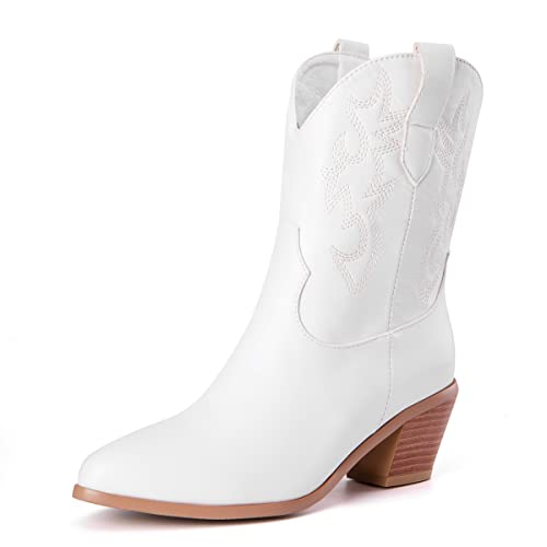 Roimaash Damen Embroidered Cowgirl Stiefel Mid Calf Mode Cowboy Stiefeletten Wide Calf Block Heels Pull on Pointed Toe Western Stiefel White Size 41 von Roimaash