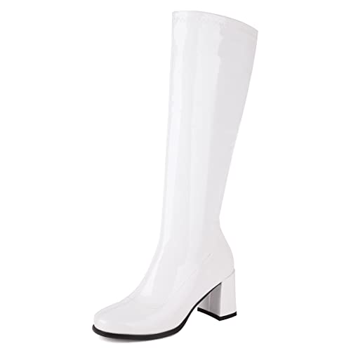 Roimaash Damen Gogo Stiefel White Knee High 70s Stiefel Runde Zehen Halloween Costume Stretch Stiefel Block Heels Wide Calf Jahrgang Dress Stiefel Plus Size 41 von Roimaash