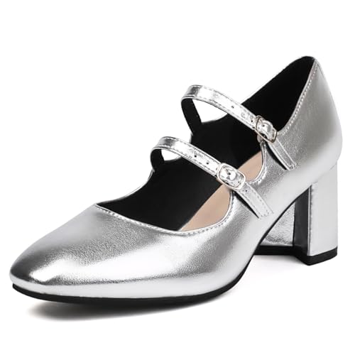 Roimaash Damen Klassischer Mary Janes Pumps Runde Zehen Blockabsatz Retro Lolita Dress Schuhe Double Strap 70' Jahrgang Heels Lack Silver Plus Silver Size 46 von Roimaash