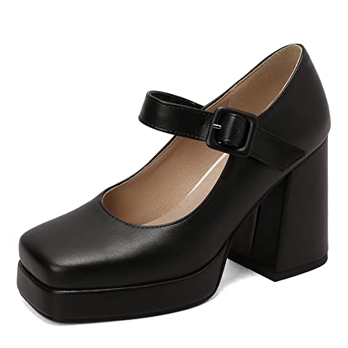 Roimaash Damen Klassischer Plateau Pumps Square Toe Blockabsatz Mary Janes Schuhe Retro Dress Schuhe with Schnalle Gemütlich Heels Black Plus Size 34 von Roimaash