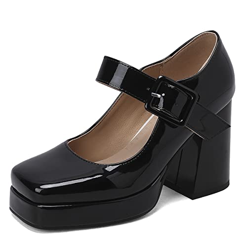 Roimaash Damen Klassischer Plateau Pumps Square Toe Blockabsatz Mary Janes Schuhe Retro Schuhe with Schnalle Gemütlich Heels Lack Black Plus Size 34 von Roimaash