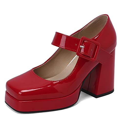 Roimaash Damen Klassischer Plateau Pumps Square Toe Blockabsatz Mary Janes Schuhe Retro Schuhe with Schnalle Gemütlich Heels Lack Red Plus Size 43 von Roimaash