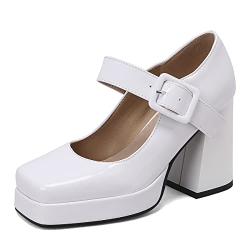 Roimaash Damen Klassischer Plateau Pumps Square Toe Blockabsatz Mary Janes Schuhe Retro Schuhe with Schnalle Gemütlich Heels Lack White Plus Size 37 von Roimaash