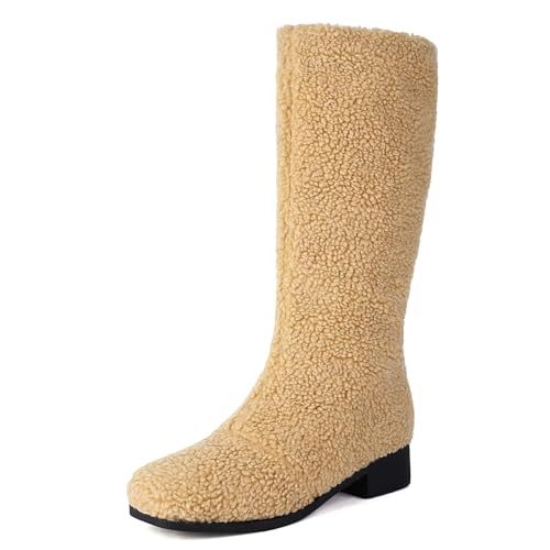Roimaash Damen Mid Calf Stiefel Fleece Fell Covered Stiefel Flach Runde Zehen Fall Winter Fell Stiefel Fluffy Hausschuhe Boot Plush Botas para Mujer Size 37 von Roimaash