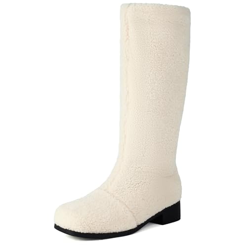 Roimaash Damen Mid Calf Stiefel Fleece Fell Covered Stiefel Flach Runde Zehen Fall Winter Fell Stiefel Fluffy Hausschuhe Boot Plush Botas para Mujer Size 38 von Roimaash