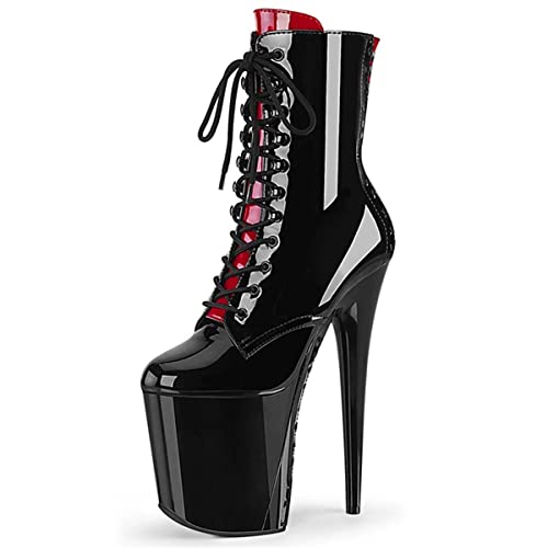 Roimaash Damen Mode 20CM Pole Dance Knochel Stiefel Plateau Stiletto Heels Schnüren Bootie Zipper Abend Prom Dance Schuhe Lack Black-Red Plus Size 46 von Roimaash