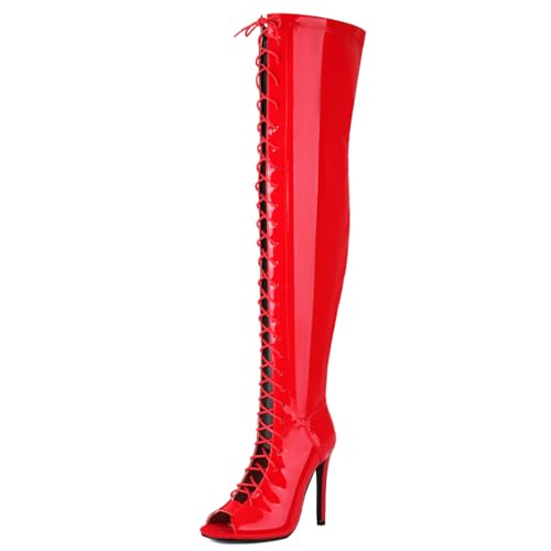 Roimaash Damen Mode OverKniestiefel Peep Toe Lange Stiefel Open Toe Gladiator Stiletto Schnüren Zipper Party Hochzeit Hohe Stiefel Lack Red Size 42 von Roimaash