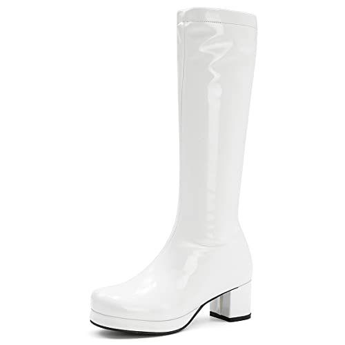 Roimaash Damen Plateau Gogo Stiefel Knee High Zipper up Jahrgang 70's 80's Stiefel Block Mid Heel Plateau Party Heels Lange Stiefel Lack White Size 40 von Roimaash