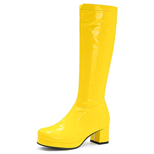 Roimaash Damen Plateau Gogo Stiefel Knee High Zipper up Jahrgang 70's 80's Stiefel Block Mid Heel Plateau Party Heels Lange Stiefel Lack Yellow Size 39 von Roimaash