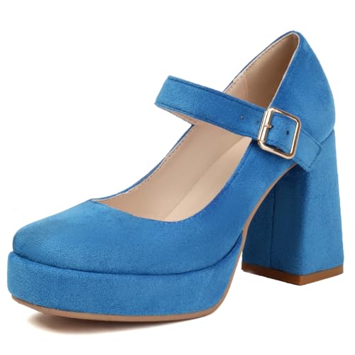 Roimaash Damen Plateau Pumps Chunky Heels Sqaure Toe Mary Janes Schuhe Double Strap Dressy Arbeit Schuhe Party Heels Plus Size Wildleder Blue Size 37 von Roimaash