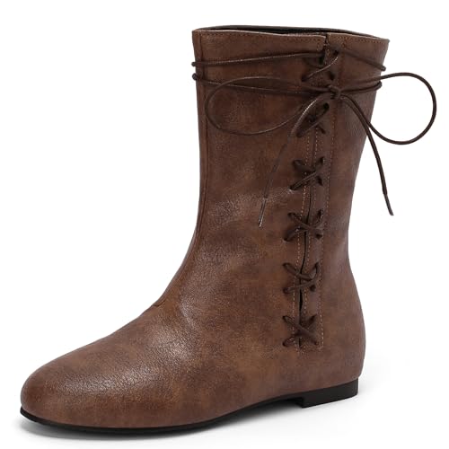 Roimaash Damen Retro Mokassin Mid Stiefel Flachs Schnüren Ancient Romisch Gladiator Stiefel Wide Calf Runde Zehen Winterstiefel Side Schnüren Matt Brown 35 von Roimaash