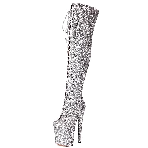 Roimaash Damen Sexy Plateau 20CM Pole Dance Above the Kniestiefel Stiletto Zipper Abend Prom Sparkly ScHohe Sequins Silver Plus Size 42 von Roimaash