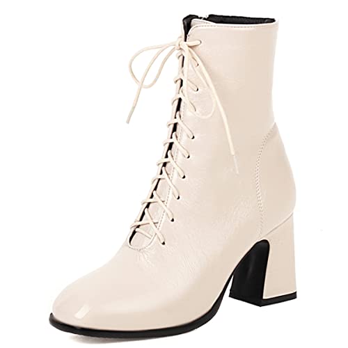 Roimaash Elegant Damen Knöchel Stiefel Schnüren Blockabsatz Dress Stiefeletten Runde Zehen Hochzeit Party Heels Stiefel Baisc Kurze Stiefel Lack Beige Size 39 von Roimaash