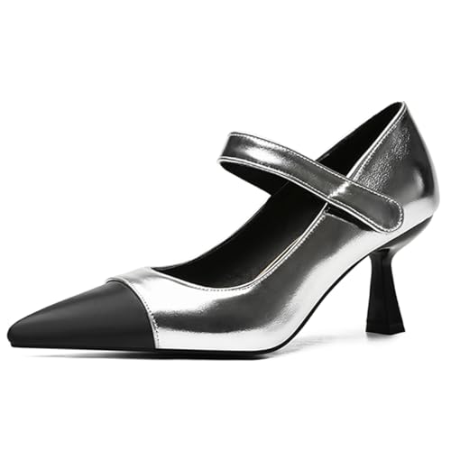 Roimaash Elegant Hohe Ferse Mary Janes für Frauen Pointed Toe Dressy Pumps Formal ScHohe Cap Toe T Riemen Thin Heels 70's Retro ScHohe Silver Plus Size 39 von Roimaash