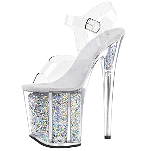 Roimaash Fancy Damen 20CM Glitzer Pole Dance Sandalen Clear Plateau Peep Toe Stiletto Knöchelriemchen Sandalen Abend Prom Schuhe White Plus Size 41 von Roimaash