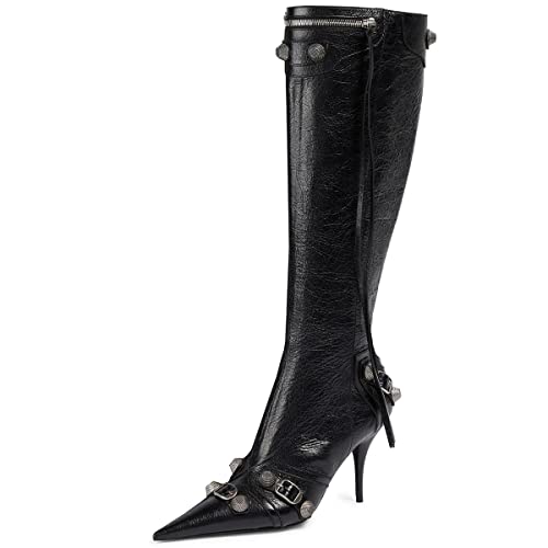 Roimaash Fancy Kniestiefel Stiletto H?he Ferse Gotisch Lange Stiefel Nieten Pointed Toe Damen Ballroom Catwalk Stiefel Heeled Beaded Party Black Size 40 von Roimaash