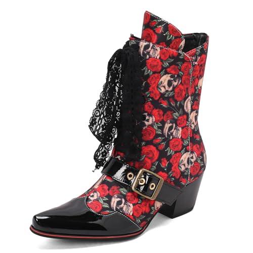 Roimaash Jahrgang Stiefel für Damen Schnüren Victorian Stiefel 70s Western Stiefel Ankle High Blumen Schnalle Belt Witch Costume Goth Stiefel Red Size 40 von Roimaash