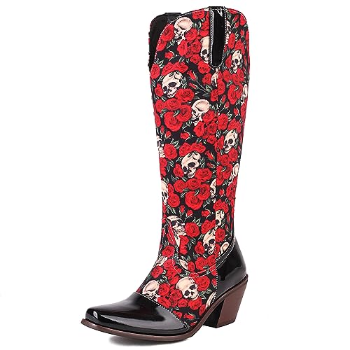 Roimaash Jahrgang Stiefel für Damen Schnüren Victorian Stiefel 70s Western Stiefel Knee High Blumen Schnalle Belt Witch Costume Goth Stiefel Red Size 46 von Roimaash