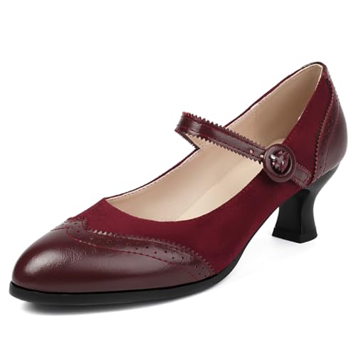 Roimaash Klassischer Damen Brogue Schuhe Ohne Verschluss Flach Mary Janes Pumps T Riemen Schule Uniform Schuhe for Students Runde Zehen Cosplay Pumps Red Size 46 von Roimaash