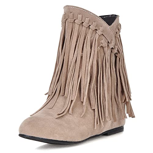 Roimaash Klassischer Franse Mokassin Stiefel Ankle High Damen Low Heel Stiefeletten Wide Calf Winterstiefel Short Quasten Stiefel Flach Western Stiefel Wildleder Apricot 41 von Roimaash