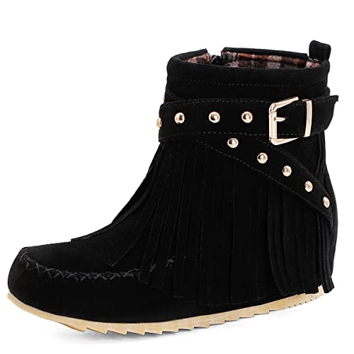 Roimaash Klassischer Franse Mokassin Stiefel Ankle High Damen Low Heel Stiefeletten Zipper Winterstiefel Short Quasten Stiefel Flach Belt Studed Stiefel Wildleder Black 41 von Roimaash
