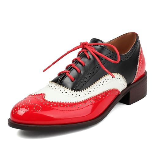 Roimaash Leisure Oxford Schuhe Damen Two Tone Wingtip Brogue Schuhe Low Heel Schnüren British High Top Schule Costume Schuhe Lack Red Plus Size 38 von Roimaash