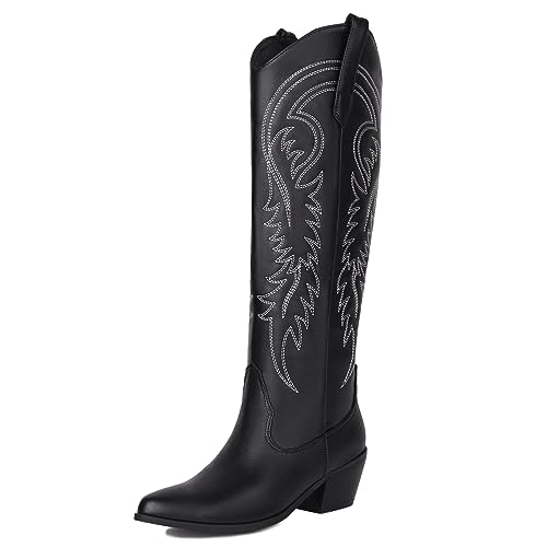 Roimaash Mode Cowboy Stiefel Knee High Sewing Pattern Wide Calf Damen Block Heels Cowgirl Stiefel Western Stiefel Ohne Verschluss Rhinestone Black Plus Size 38 von Roimaash