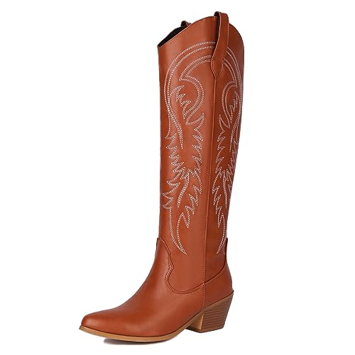 Roimaash Mode Cowboy Stiefel Knee High Sewing Pattern Wide Calf Damen Block Heels Cowgirl Stiefel Western Stiefel Ohne Verschluss Rhinestone Brown Plus Size 44 von Roimaash