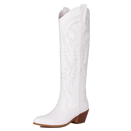 Roimaash Mode Cowboy Stiefel Knee High Sewing Pattern Wide Calf Damen Block Heels Cowgirl Stiefel Western Stiefel Ohne Verschluss Rhinestone White Plus Size 44 von Roimaash