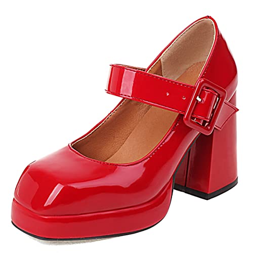 Roimaash Mode Damen Plateau Pumps Chunky Heels Sqaure Toe Mary Janes Schuhe Gogo Costume Schuhe Party Heels Plus Size Lack Red Size 36 von Roimaash