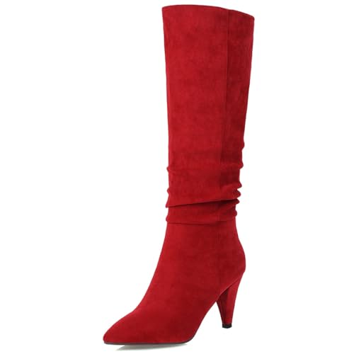 Roimaash Mode Damen Pleated Knee Hohe Stiefel Cone Heel Stiefel Wide Calf Stiefel Pointed Toe Winter Schuhe Party Heels Slouch Stiefel Red Size 38 von Roimaash