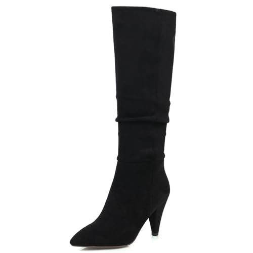 Roimaash Mode Damen Pleated Knee Hohe Stiefel Cone Heel Stiefel Wide Calf Stiefel Pointed Toe Winter ScHohe Party Heels Slouch Stiefel Wildleder-Black Size 40 von Roimaash