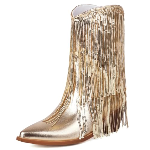 Roimaash Mode Franse Cowboy Stiefel Ankle High für Frauen Mid Heel Cowgirl Stiefel Western Stiefel Calf Jahrgang Halbe Stiefel Lack Gold Plus Size 40 von Roimaash