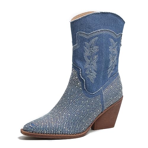 Roimaash Mode Jeans Cowboy Stiefel Ankle High Sewing Pattern Damen Blockabsatz Cowgirl Stiefel Western Stiefel Ohne Verschluss Denim Blue Plus Size 37 von Roimaash