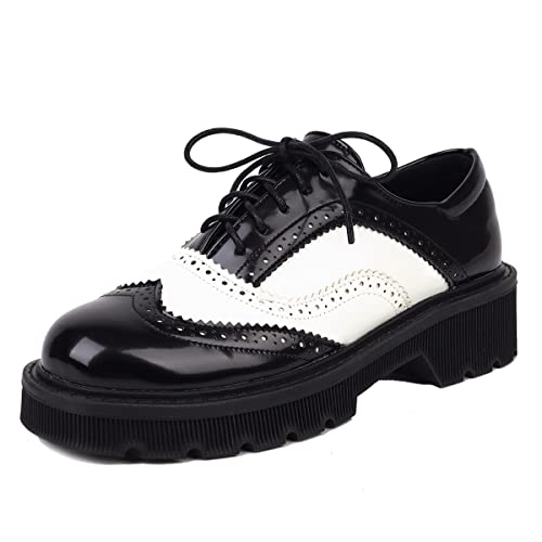 Roimaash Mode Plateau Oxford Schuhe Damen Wingtip Low Heel Business Arbeit Schuhe Schnüren Brogue Perforated Mädchen Schule Uniform Schuhe Black Size 36 von Roimaash