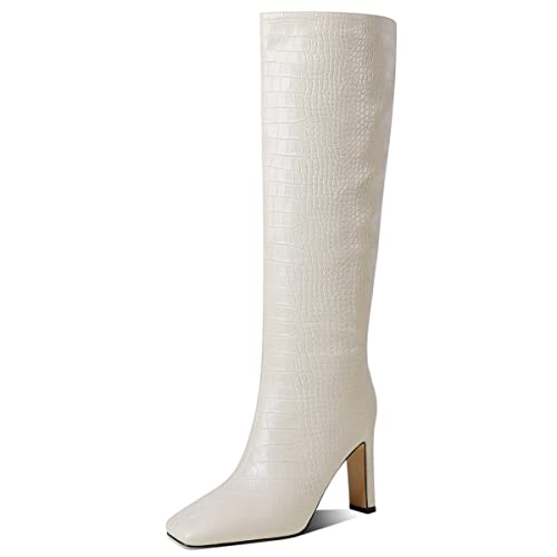 Roimaash Mode Ridding Stiefel Knee High Damen Blockabsatz Wide Calf Pull on Fall Stiefel Square Toe Party Stiefel Heeled Crocodile Beige Size 40 von Roimaash