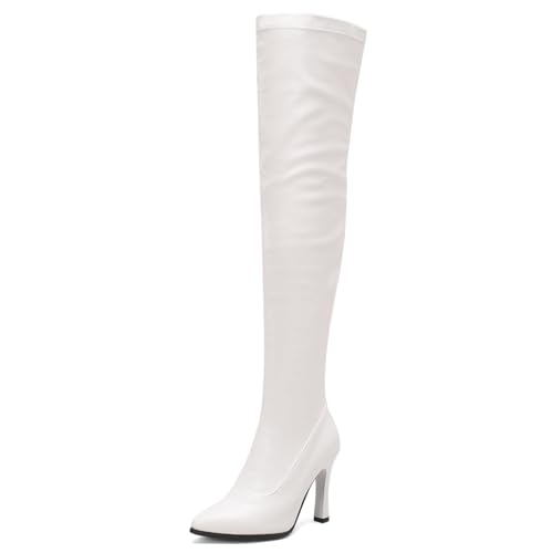 Roimaash Mode Stretch Stiefel Overknee Pull on Elastisch Thigh Hohe Stiefel Pointed Toe Block Heels Abend Party Dress Lange Stiefel White Plus Size 41 von Roimaash