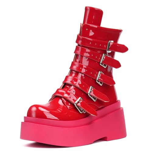 Roimaash Stylish Plateau Gotisch Stiefel Ankle High Latex Punk Stiefel Keilabsatz Strappy Belt Zipper Runde Zehen Kampfstiefel Thick Sole Lack Red Size 37 Roimaash Stylish Plateau Gotisch Stiefel Ankle High Latex Punk Stiefel Keilabsatz Strappy Belt Zipper Runde Zehen Kampfstiefel Thick Sole Lack Red Size 37 von Roimaash