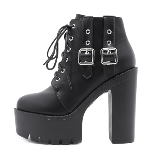 Roimaash Stylish Plateau Kn?chel Stiefel Absatz Chunky Goth Stiefeletten Schnüren Pole Dance Performance Stiefel Metal Schnalle Belt Cosplay Stiefel Black Size 43 von Roimaash