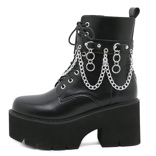 Roimaash Stylish Plateau Kn?chel Stiefel Chunky Heels Goth Stiefeletten Flachform Schnüren Kampfstiefel Metal Chain Schnalle Belt Cosplay Stiefel Black Size 36 von Roimaash