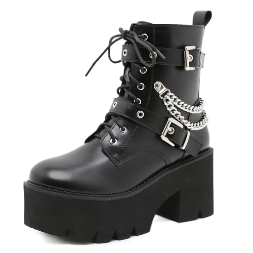 Roimaash Stylish Plateau Kn?chel Stiefel Chunky Heels Goth Stiefeletten Flachform Schnüren Kampfstiefel Metal Chain Schnalle Belt Cosplay Stiefel Black Size 37 von Roimaash