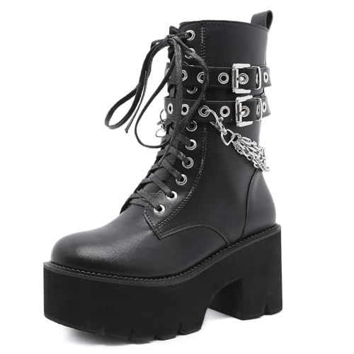 Roimaash Stylish Plateau Kn?chel Stiefel Chunky Heels Goth Stiefeletten Flachform Schnüren Kampfstiefel Metal Chain Schnalle Belt Cosplay Stiefel Black Size 38 von Roimaash