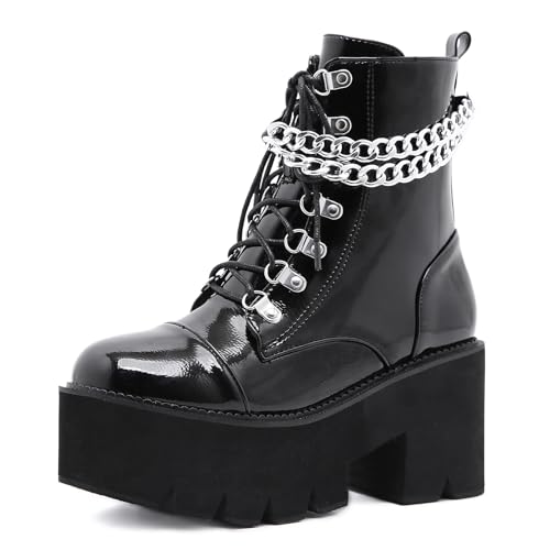 Roimaash Stylish Plateau Kn?chel Stiefel Chunky Heels Goth Stiefeletten Flachform Schnüren Kampfstiefel Metal Chain Schnalle Decorative Cosplay Stiefel Black Size 38 von Roimaash