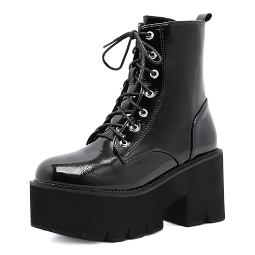 Roimaash Stylish Plateau Kn?chel Stiefel Chunky Heels Goth Stiefeletten Flachform Schnüren Kampfstiefel Metal Chain Schnalle Decorative Cosplay Stiefel Black Size 40 von Roimaash